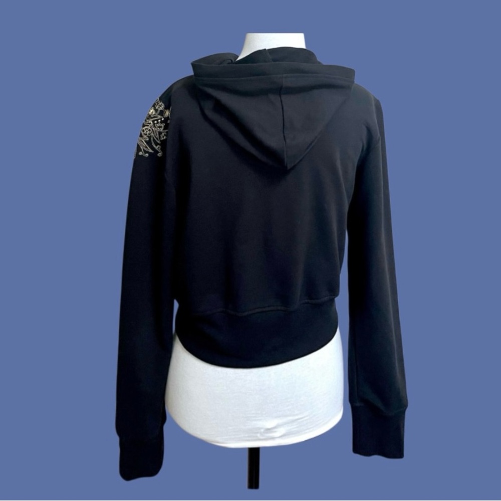 Crest Black Cropped Sweatshirt Hoodie Size XL Gold Embellished Shoulder - Picture 3 of 9
